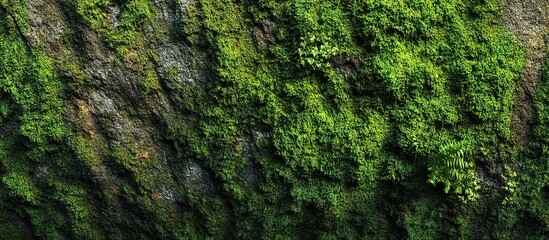 Close-up of dense green moss on rocky surface, organic textures, natural lighting highlighting depth and tranquility.