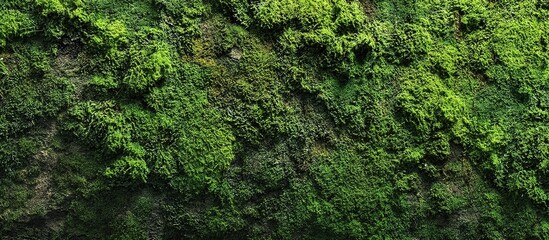 Close-up of dense green moss on rocky surface, organic textures, natural lighting highlighting depth and tranquility.