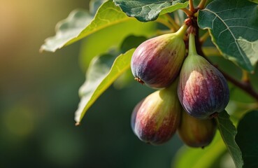 Fresh ripe figs hanging fig tree branch. Natural organic fruits in garden, orchard. Sweet figs close-up, healthy dessert food. Summer harvest, vitamins, seasonal ingredient.
