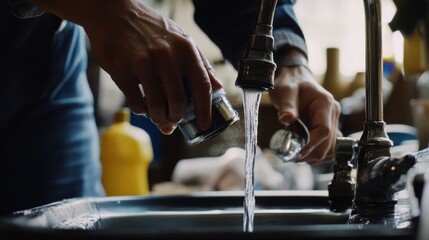 Plumber replacing a damaged faucet in a kitchen sink. Featuring faucet replacement and water efficiency