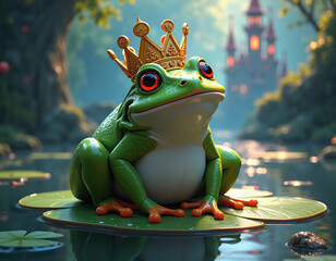 frog king with crown sitting on a lily pad in a magical forest