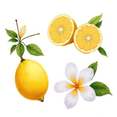 A vibrant lemon blossom and juicy lemon slices, a sunny summer illustration with detailed botanical style.