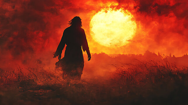 Jesus silhouetted against a burning sunset, sand whipping around him as he resists temptation, epic cinematic style soft royal hues of red, gold, and ivory.