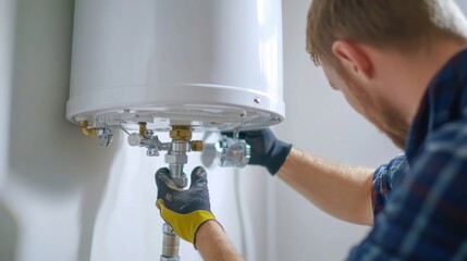 Plumber replacing a hot water heater in a utility room. Featuring technical expertise and precision