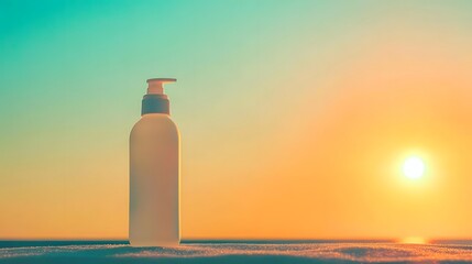 minimal white cream bottle glowing under the soft summer sunset, highlighting lifestyle beauty and skincare elegance in natural evening light