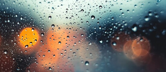 Raindrops on windowpane, blurred warm lights in background. Serene, introspective mood with dreamy texture.
