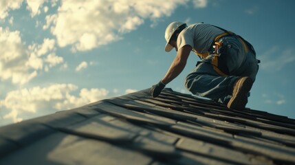 Hispanic roofer inspecting a roof for damage after a storm. Featuring roof inspection and storm damage assessment
