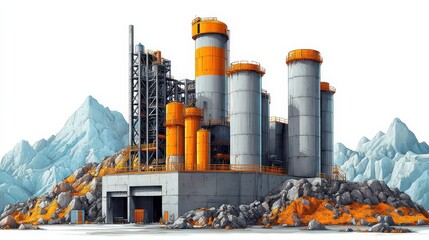 Obraz premium Industrial facility with orange silos on rocky terrain against a mountainous backdrop