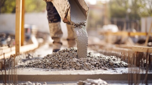Construction worker pouring cement on a construction site. Featuring focus and dedication