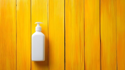 white cream bottle placed on a vibrant yellow wooden background, representing a bright summer lifestyle and minimal skincare concept
