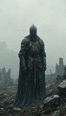 Fototapeta premium Haunting image of a spectral knight amidst battlefield ruins captured in eerie stillness with a sense of unresolved conflict