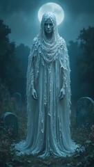 Ethereal ghost in tattered cloak mourns in moonlit graveyard Whispers of sorrow and haunting glow captured