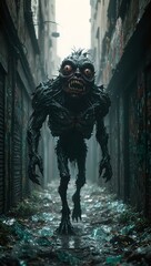 Fototapeta premium Sinister deformed creature lurks in eerie urban alley embodying modern decay with twisted grin and asymmetrical eyes