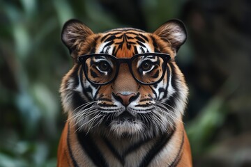 Fototapeta premium Tiger with sharp black glasses showing personality in a lush green environment