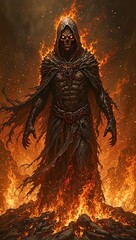 A sinister figure with a half burned face emerges from embers in an infernal abyss eyes glowing ominously draped in tattered cloak
