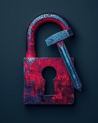 Abstract Security Breach: Minimalist Crowbar Prying Red Lock Outline