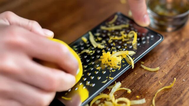 Close-up of hands zesting lemon over grater with yellow peel on dark surface. Concept of flavor enhancement and cooking detail