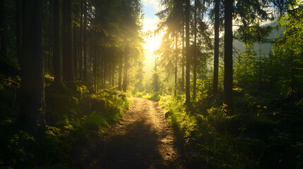 Naklejka premium A sunlit path through a forest of tall pine trees, leading to a scenic mountain pass with vast open views.