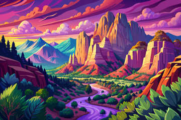 Zion National Park landscape, zion Valley at sunset time, The rays of the sun illuminate red cliffs and river, Simple cartoon design Flat style illustration