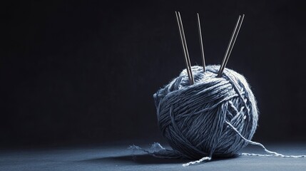 Knitting needles inserted in a ball of yarn on a dark surface during a creative crafting session