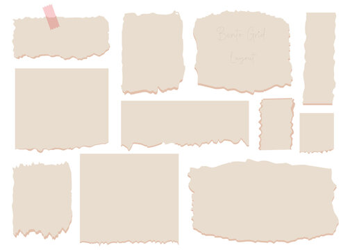 Trendy bento grid layout style brick Ui UX templates. Yellow and grey colors.Web comic grids, rounded corners. Different Paper notes with pin Vector illustration	
