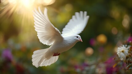 Obraz premium White dove flying with spread wings against blurred green foliage and pink blossoms, sunbeams symbolizing peace and hope.