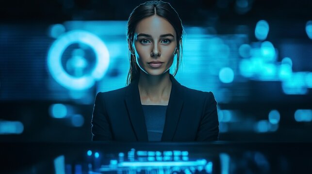Woman in Suit Surrounded by Digital Interface Displays Tech Savviness