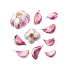 Fresh Garlic Cloves and Bulbs, Floating on Transparent background