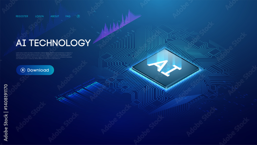 Poster futuristic isometric 3d ai chip circuit board bg. digital abstract design with blue quantum processo