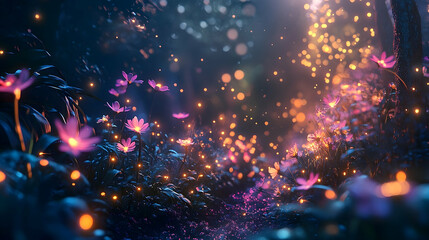 Mystical forest path illuminated by glowing flowers.
