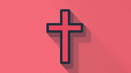 Obraz premium Minimalist flat icon of a cross featuring clean lines and a shadow effect on a pink background