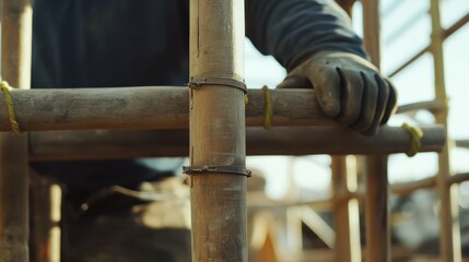 Construction worker setting up scaffolding on a building site. Featuring teamwork and precision