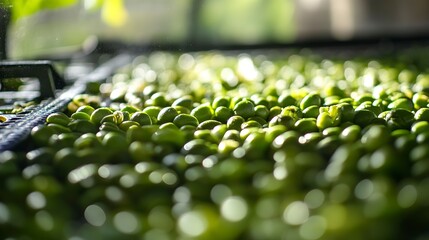Fototapeta premium Green coffee beans displayed before roasting process in a processing facility at midday