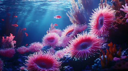 Naklejka premium Vibrant coral reef teeming with anemones and fish.