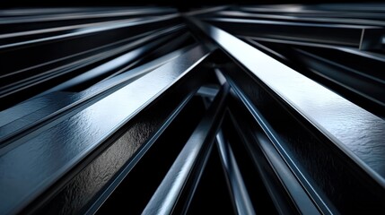 Close-up of intersecting steel beams with rivets, glossy metallic surfaces, dark industrial backdrop, mechanical precision.