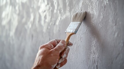 Painter applying primer to a living room wall. Featuring attention to detail and cleanliness
