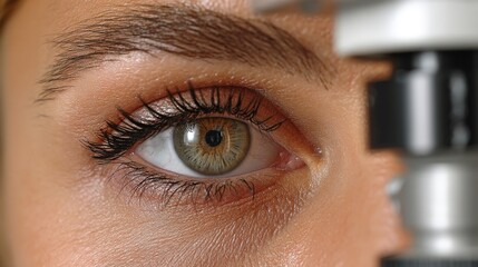 Close-up view of eye examination procedure using slit-lamp biomicroscope in clinic