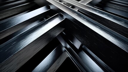 Obraz premium Close-up of intersecting steel beams with rivets, glossy metallic surfaces, dark industrial backdrop, mechanical precision.