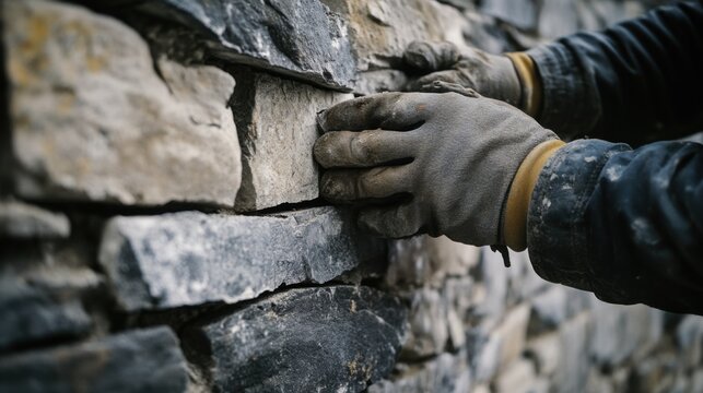 Mason repairing a cracked stone wall. Featuring masonry repair and craftsmanship