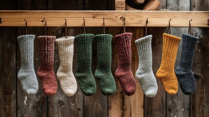 Colorful knitted socks hanging on a wooden rack in a rustic workshop setting