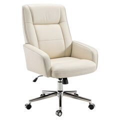 Naklejka premium A modern, ergonomic office chair in a light hue with plush upholstery and a five-point wheeled base for mobility.