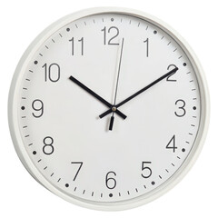 A round wall clock with black hour and minute hands on a white face, featuring numerical markings from 1 to 12.