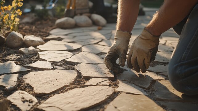 Mason repairing a stone patio. Featuring masonry repair skills and techniques