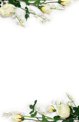 Flowers white small roses, white flowers Lily of the valley ( Convallaria majalis ) on a white background. Top view, flat lay