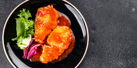 Fish tomato sauce white fish fillet dish organic fresh tasty gourmet food background on the table rustic food top view copy space