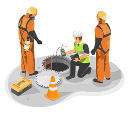 Technician using gas detector to check toxic levels before confined space entry during industrial maintenance operation isometric isolated cartoon