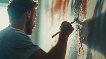 Painter applying primer to a wall in a newly renovated home. Featuring attention to detail and expertise