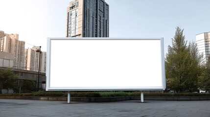 Fototapeta premium Blank white billboard in urban plaza, glass skyscrapers, green shrubs, daytime clarity, modern cityscape focus.