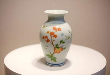 white and blue vase sitting on top of a table