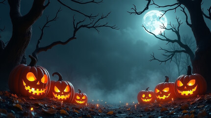 Glowing Jack-o'-lanterns under a mystical full moon in a spooky, shadowy forest on Halloween night.